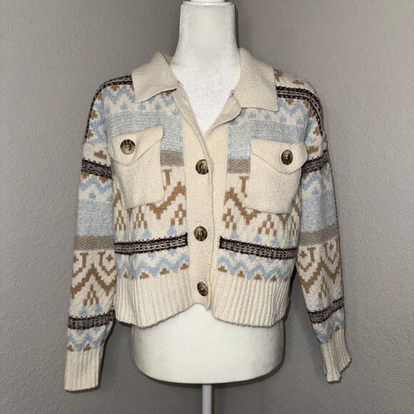 Pink Rose Cardigan Sweater Womens Medium Beige Cottage Core Cropped Long Sleeve - Picture 1 of 10